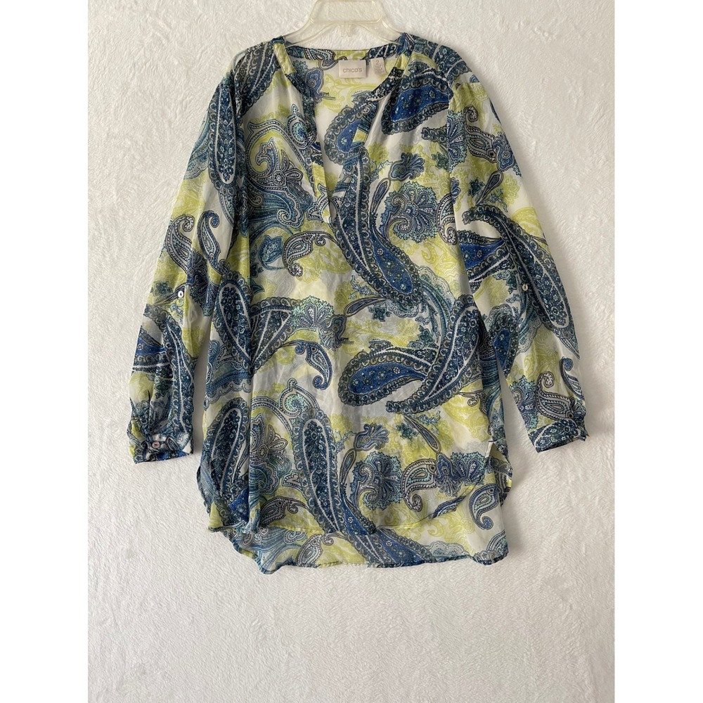Chicos Blue Green Sheer Paisley Chiffon Tunic Top Size 2 Large Roll Tab Sleeve